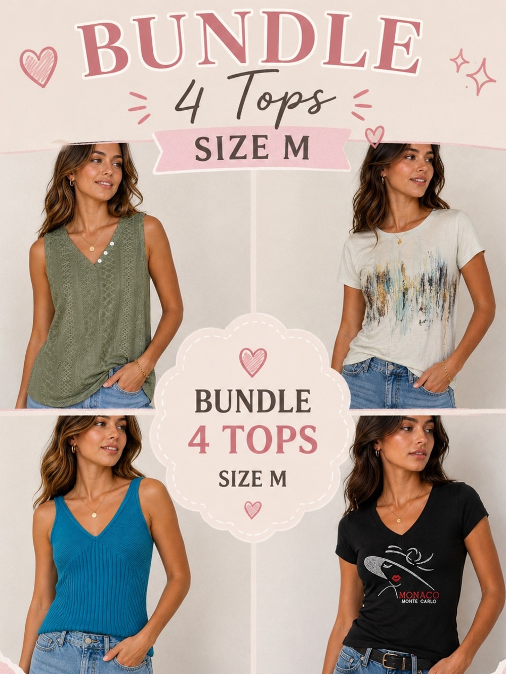 Bundle of 4 Women’s Tops — Olive, Cream, Teal, Black — Size M